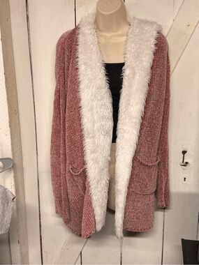 Cozy Faux-Fur Trim Ribbed Cardigan Sweater - Dusty Rose